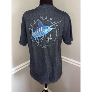 GUY HARVEY AFTCO Shirt Classic Fit Medium Dark Grey Blue Marlin Graphic Fishing